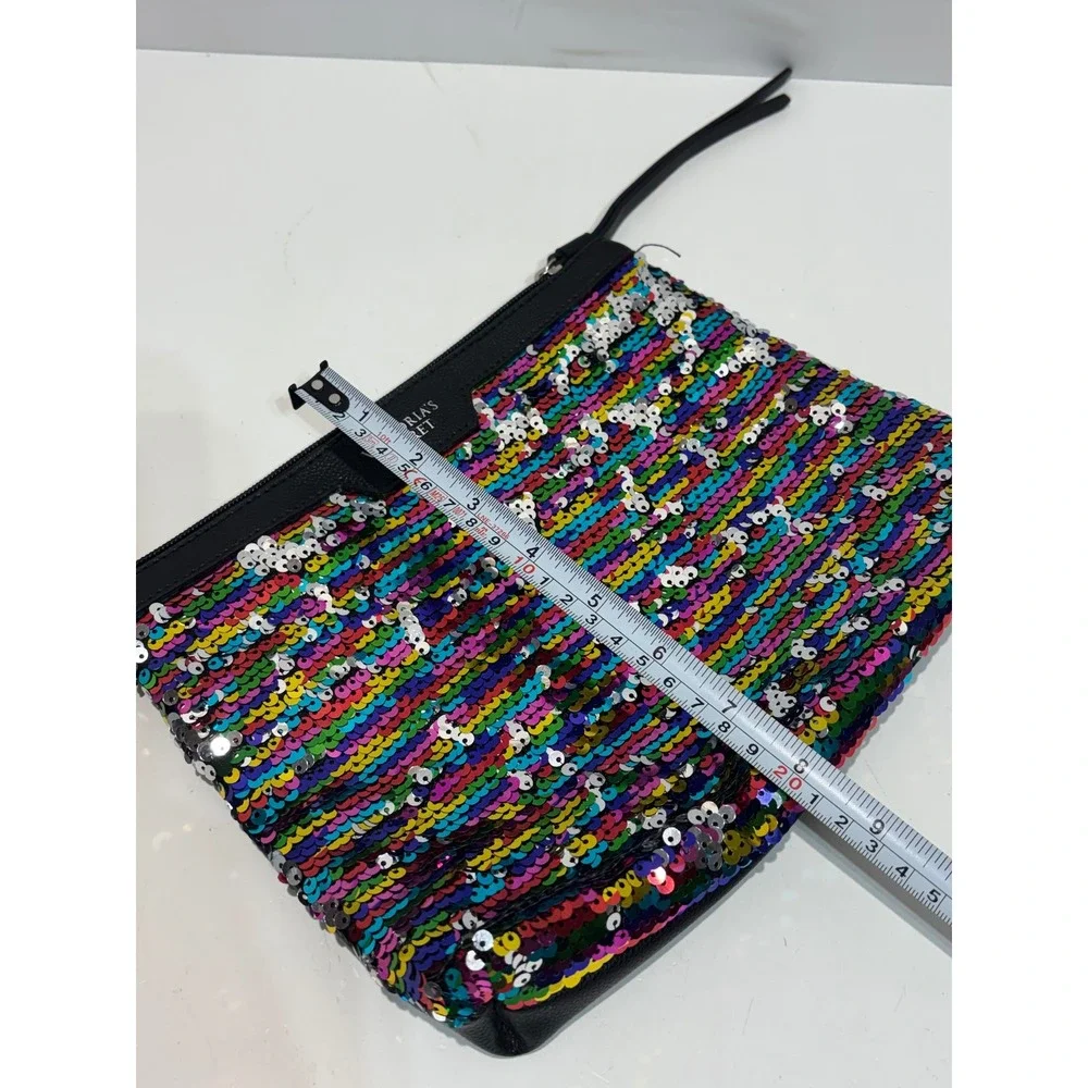 Victoria's Secret Makeup Bag Women OS Multi Rainbow Sequin Zip Pouch Clutch